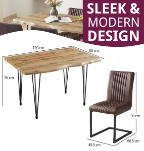 Hallowood Furniture Cullompton Large Dining Table 120cm, Live Edge Effect Top, and 4 Brown Leather Effect Dining Chairs