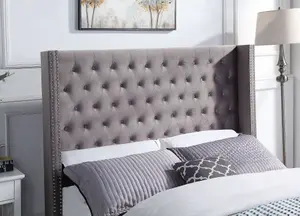 Brushed Velvet Upholstered King Bed Frame With Tall Winged Headboard