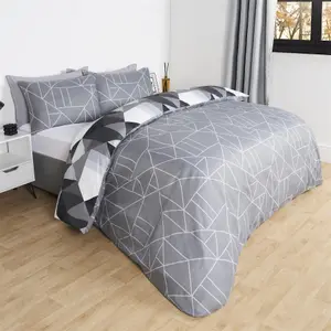 Duvet Cover Bedding Set Pillowcase Geometric Reversible Quilt, Mono - Superking