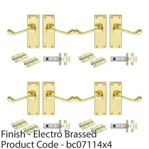 4 PACK - Victorian Scroll Door Handle & Latch Pack Set- Electro Brassed Lever on Plate Kit