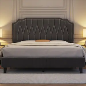 Upholstered Bed Frame with with Button-Tufted Headboard Dark Grey / Double