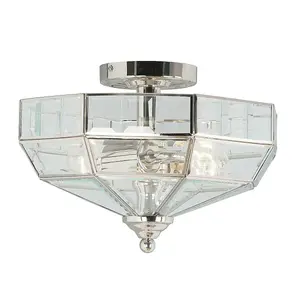 2 Bulb Semi Flush Light Highly Polished Nickel Finish LED E27 60W Bulb