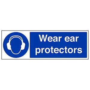 Wear Ear Protectors PPE Safety Sign - Adhesive Vinyl - 450x150mm (x3)