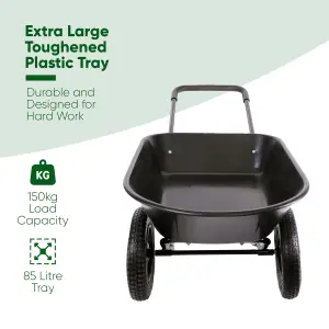 Garden WHEELBARROW 150kg Heavy Duty 85Ltr Toughened Plastic Barrow Tray Yard Equine with 2 Wheels & All Terrain Pneumatic Tyres