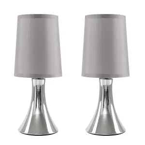 ValueLights Pair Of Modern Chrome Trumpet Touch Table Lamps With Grey Fabric Shade