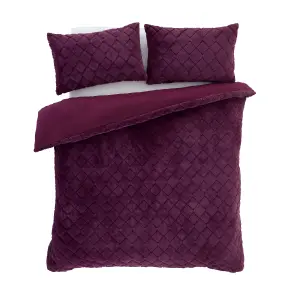 Catherine Lansfield Bedding Cosy Diamond Faux Fur Duvet Cover Set with Pillowcases Plum