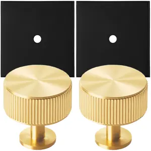 2 PACK - Cabinet Door Knob & Contrasting Backplate Set - Reeded Kitchen Pull - Satin Brass & Matt Black