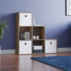 Vida Designs Durham Dark Wood 6 Cube Staircase Storage Unit & Set of 3 White Foldable Cube Storage Baskets