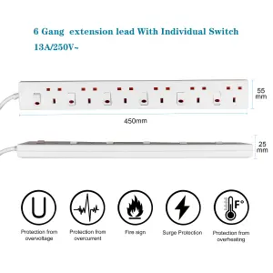 Extrastar 6 Way Socket 13A, 1M, with Indicate Light,  Individual Switches, Child-Resistant Sockets