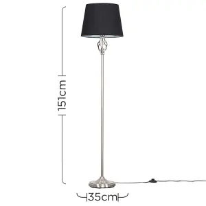 ValueLights Memphis Traditional Style Satin Nickel Barley Twist Floor Lamp with Black Tapered Light Shade