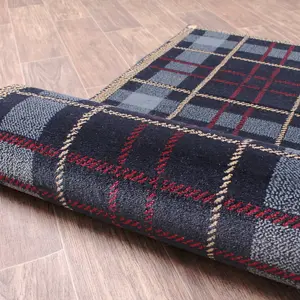 Tartan Blue Chequered Tartan Easy to Clean Rug For Dining Room -60cm X 110cm