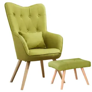 Green Linen Upholstered Wing Back Armchair Lounge Chair with Footstool and Lumbar Pillow