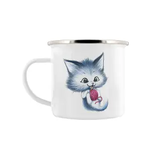 Grindstore Kitsch Kitten Enamel Mug White/Pastel Blue (One Size)