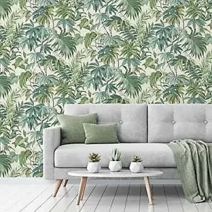 Grandeco Green Palm Leaves Embossed Wallpaper