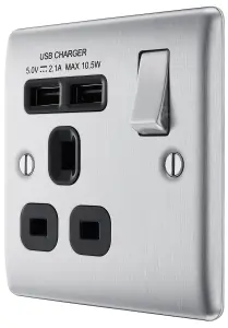 BG Nexus Single Switched Socket Dual USB-A 1 Gang 13A Brushed Steel - NBS21U2B