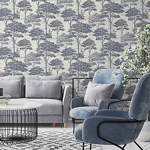 Grandeco Blue Etched tree Embossed Wallpaper