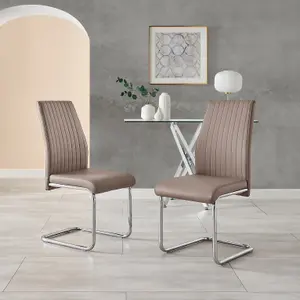 Set of 2 Lorenzo Cappuccino Beige High Back Stitched Soft Touch Faux Leather Chromed Cantilever Metal Leg Dining Chairs