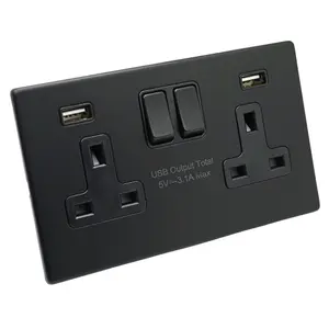 SHPELEC Screwless Matt Black Metal 2 Gang 13A Switched Socket with FASTCHARGE 15W 5V 3.1A USB (A+A Ports)