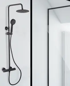 Matt Black Thermostatic Mixer Shower Set Round Black Twin Head Exposed Valve