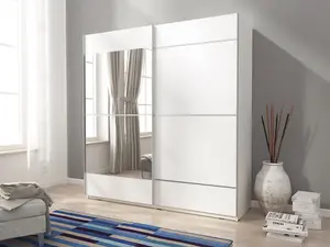 Mika 4 Contemporary 2 Sliding Door Wardrobe 1 Mirror Door 4 Shelves 1 Hanging Rail White Matt Finish (H)2140mm (W)1500mm (D)630mm