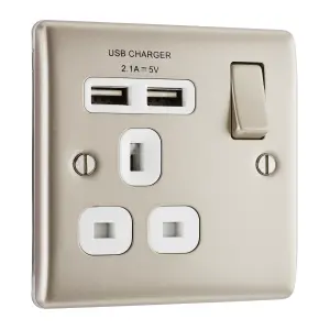 BG Nickel Single 13A Raised slim Switched Screwed Socket with USB, x2 & White inserts