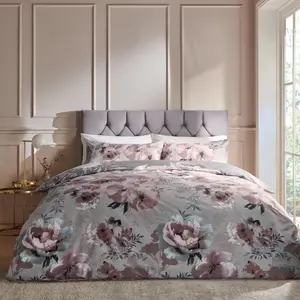 Dramatic Floral Reversible Duvet Cover Set with Pillowcases Grey / Single - 1 Standard Pillowcase