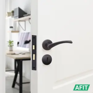 AFIT Matt Black Key Lock Door Handle Set Round Internal Door Handles, Sash Lock, Hinges (76mm) & 2 Escutcheons Novi Range