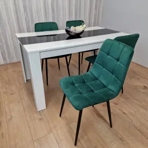 Kitchen Dining Table And 4 Chairs Wooden White Black Table Tufted Velvet Green Chairs