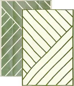 Large Garden Outdoor Rug For Patio, Olive Green & Cream Geo-Lines  Waterproof Garden Rug 160 x 230cm