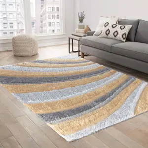 Modern Soft Waves Shimmer Shaggy Area Rugs Ochre 80x150 cm