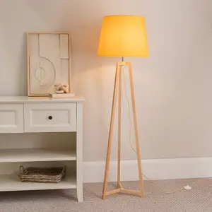 ValueLights Lottie Natural Wood Tripod Floor Lamp with Mustard Tapered Shade - LED Bulb Included