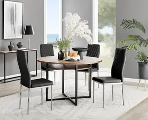 Adley Brown Wood Effect And Black Round Dining Table with Storage Shelf and 4 Black and Silver Milan Modern Faux Leather Chairs