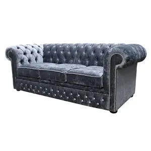 Chesterfield Crystal 3 Seater Sofa Modena Anthracite Black Velvet Fabric In Classic Style