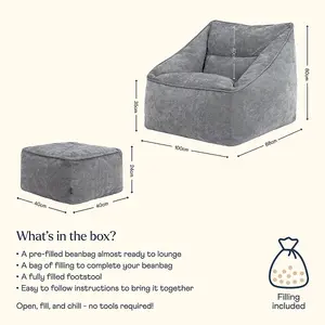 icon Natalia Chenille Armchair Bean Bag and Footstool Set Grey Giant Bean Bag Chair