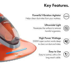 VonHaus UV Vacuum Cleaner 17Kpa, Handheld Bed Vacuum with HEPA Filter, 500W Mattress Cleaner Machine, 500ml, Crevice Tool