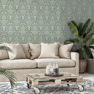 Stag Damask Sage Green Wallpaper