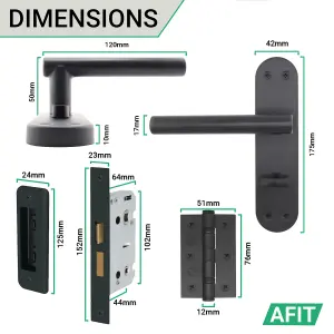 AFIT Black Bathroom Door Handle Set - 2 Pairs of Internal T-Bar Handles with Hinges (76mm) & Locks (64mm) - Olvera Range