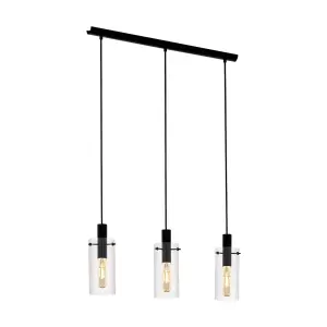 Pendant 3 Bulb Ceiling Light Colour Black Shade Clear Glass Bulb E27 3x60W