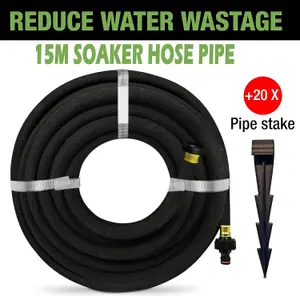 Aqua Drop Soaker Garden Hose-15m Flexible Hose Pipe-Premium Recycled Rubber Irrigation Pipe with 20 Soaker Hose Pegs