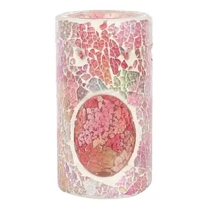 Pink Iridescent Glass Pillar Shaped Oil, Wax Melt Burner. Mirrored Crackle Effect. H14.5 cm