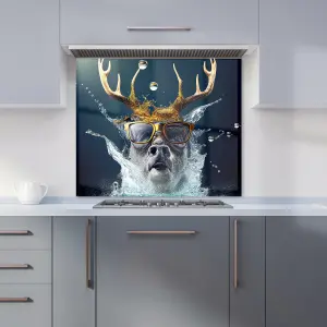 Stag With Glasses Splashart Premium Glass Kitchen Splashback W600mm x H750mm