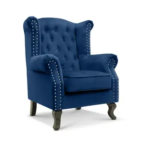 Velvet Wing Back Fireside Henley Chair Armchair with Buttons Blue