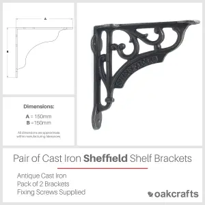 Oakcrafts - Pair of Antique Cast Iron Sheffield Shelf Brackets - 150mm x 150mm