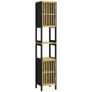 HOMCOM Tall Bathroom Cabinet Bamboo Bathroom Cupboard with Adjustable Shelves