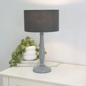 ValueLights Victoria Traditional Grey Wood Candlestick Table Lamp with Charcoal Drum Shade