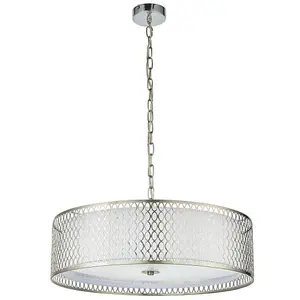 Hanging Ceiling Pendant Light Satin Nickel & Fabric Round Geometric Feature Lamp