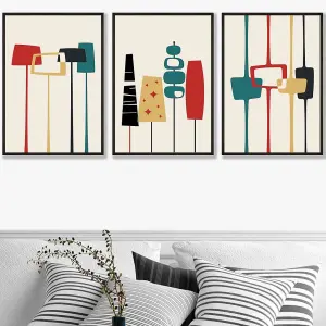 Set of 3 Framed Mid Century Modern in Teal, Red and Yellow / 50x70cm / Black