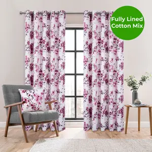 Home Curtains Betty Fully Lined Floral 66w x 90d" (168x229cm) Pink Eyelet Curtains (PAIR)