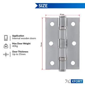 XFORT 3 Inch (75mm) Satin Chrome Ball Bearing Hinges, Steel Door Hinge for Wooden Doors (2 Pairs)