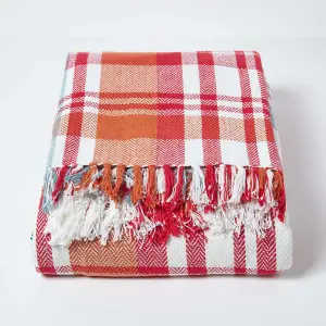 Homescapes Red Tartan 100% Cotton Falun Throw with Tassels, 150 x 200 cm